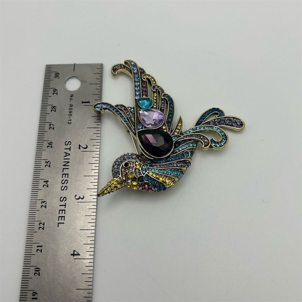 Vibrant Purple, Blue & Green Hummingbird Rhinestone Large Statement Brooch - Picture 6 of 8